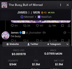 A cryptocurrency tracking app interface showing "The Busy Bull of Monad" meme token (JAMES / MON) with a market cap of $1.9M and a price of $0.07819.