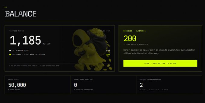 The image shows a "BALANCE" dashboard with 1,185 MOTION tipping power, a daily limit of 50,000, and 200 MOTION available to claim (with a "NEED 1,000 MOTION TO CLAIM" button). This relates to the post, as the user has just registered for $motion tipping and is showing their newly accrued balance available to be claimed once they reach the 1,000 MOTION threshold.