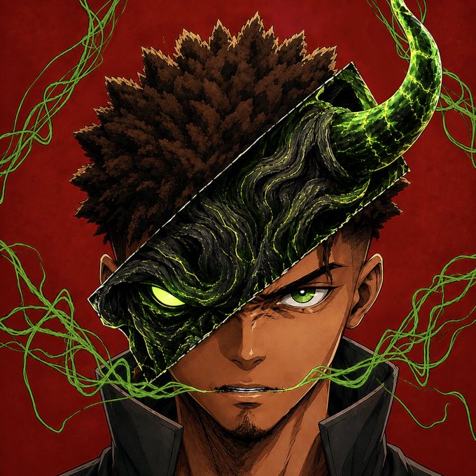 Anime-style artwork of a character with half his face covered by a green, demonic mask with a glowing eye and a horn.