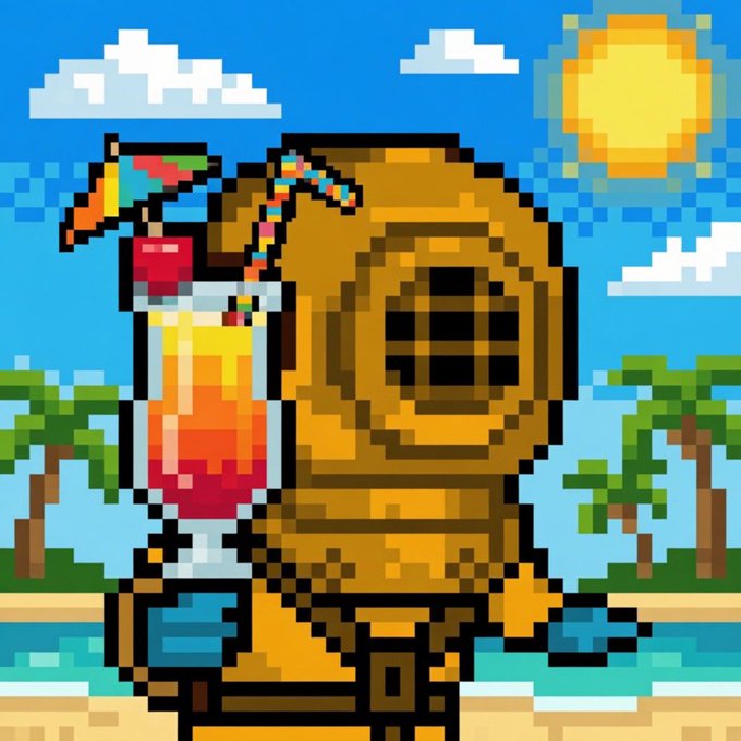 A pixel art illustration of a young woman in a white tank top and sunglasses standing next to a large stone Moai head with a tropical background, sun, clouds, and palm trees.