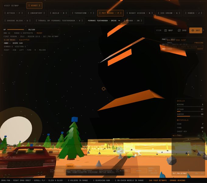 A screenshot of the low-poly video game "Yeat's 3Droid" showing gameplay with a car, low-poly trees, and a large dark figure with orange accents in a desert landscape, displaying various stats and commands.