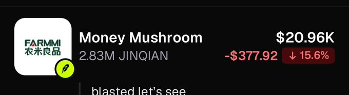 A stock/cryptocurrency ticker showing 'Money Mushroom' (FARMMI / 农米良品) at $20.96K, down -$377.92 or 15.6%, with 2.83M JINQIAN volume.