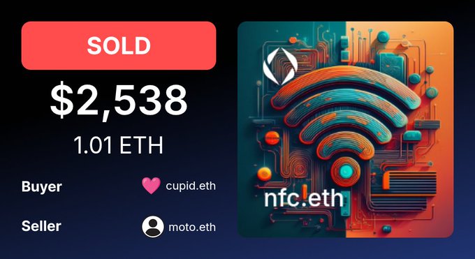 A digital transaction receipt displaying 'SOLD $2,538 1.01 ETH' between buyer 'cupid.eth' and seller 'moto.eth', featuring the 'nfc.eth' logo on a circuit-board background.