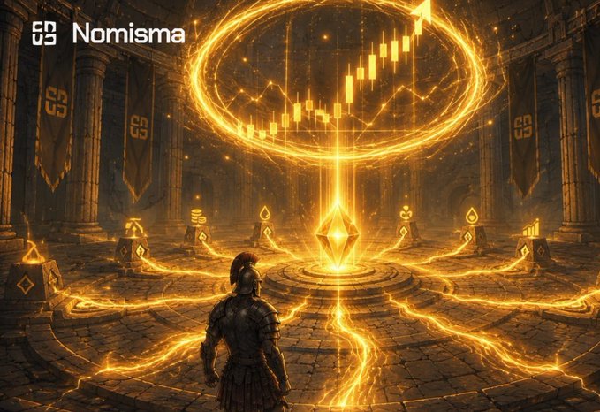 A digital artwork featuring the logo 'Nomisma' with a Roman soldier standing before a glowing golden trading chart and crystal in an ancient temple setting.
