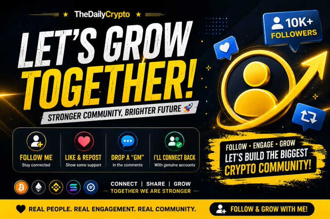 A promotional graphic for "TheDailyCrypto" titled "Let's Grow Together!" featuring calls to follow, like, repost, and engage with crypto community messaging.