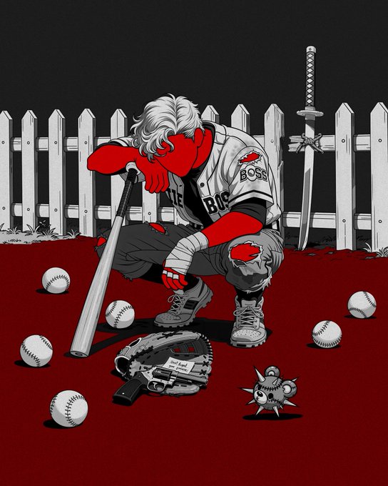The image features a baseball player sitting next to a fence, surrounded by numerous baseballs scattered around him. The scene appears to be set at night with a spooky atmosphere. A caption below the image reads "good night my friends Let's end the day with a new story! Hope you enjoy it. New Drop ...". This suggests that the artist has created an intriguing and unusual scene, combining elements of sports and nighttime ambiance in a unique way to evoke curiosity or surprise among viewers.
