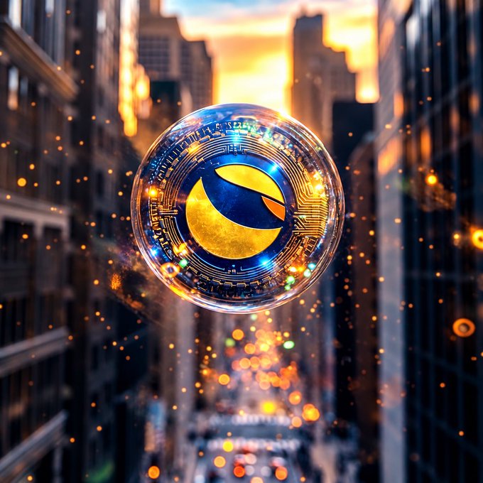 A digital illustration of a glowing golden coin with a black center floating in a city street setting.