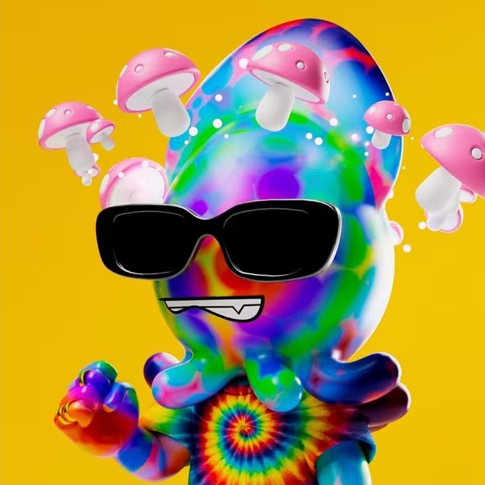 A colorful tie-dye octopus wearing black sunglasses with floating pink mushrooms around it, displayed against a solid yellow background.