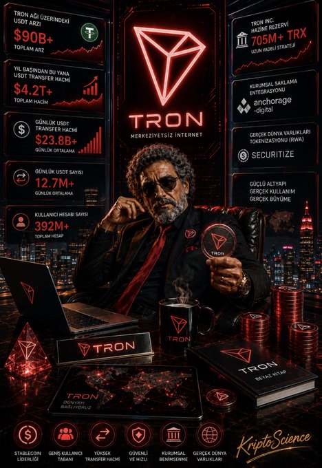 A bearded man in a suit sits at a desk holding a TRON-branded mug beside a laptop displaying the TRON (TRX) logo, surrounded by infographics showing metrics like "90B+" USDT supply, "$23.8B+" daily transfer volume, "12.7M+" daily users, and "392M+" total accounts. The image visualizes the post's emphasis on TRON's ecosystem growth beyond just price action, highlighting key on-chain statistics that demonstrate the network's underlying strength.