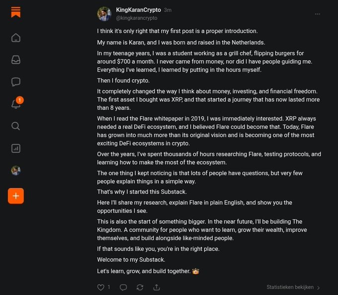 The image depicts a screenshot of a Twitter post by an individual named KingRanCrypto. The post consists of multiple lines written by a user, detailing their journey into cryptocurrency investing. It includes information about the first time they created an account on a blockchain platform called "Flare", as well as their thoughts and experiences related to the topic. The user also mentions that they are excited to become the first official account dedicated entirely to cryptocurrency analysis and investment insights.