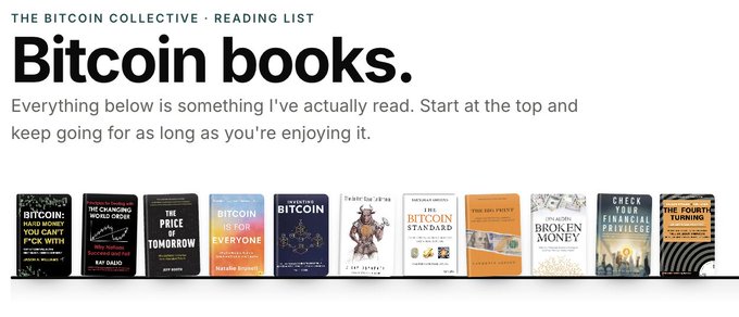 The image displays "The Bitcoin Collective Reading List" titled "Bitcoin books," featuring a row of eight book covers including "Bitcoin: Hard Money You Can't Fu$k With" by Katalin Segál, "The Price of Tomorrow," "The Bitcoin Standard," "The Broken Money," and others. The post thanks the list curator for featuring their book on this Bitcoin reading list, promoting availability of their book across multiple platforms.