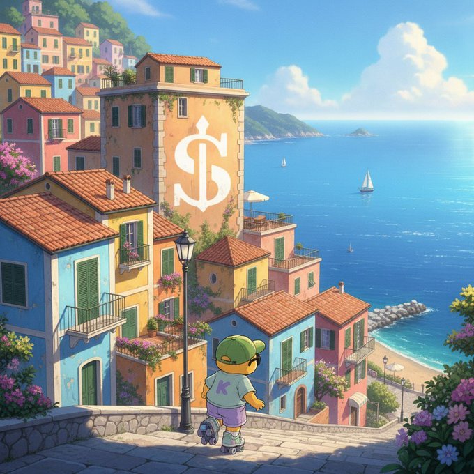 A vibrant anime-style illustration of a boy in a green cap and 'K' shirt overlooking a colorful Mediterranean cliffside village by the sea, with a large dollar sign painted on a building wall.