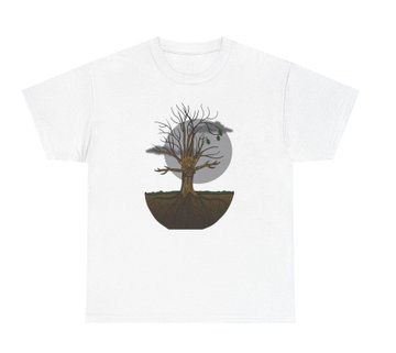 A white t-shirt displayed against a white background, featuring a graphic of a bare tree growing from a small patch of earth with a pale moon or sun behind it.