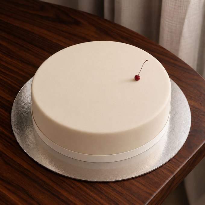 A plain white round cake topped with a single red cherry sits on a silver cake board atop a dark wooden table.