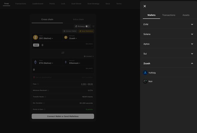 The image shows the Cashmere app's "Cross chain" swap interface, where ZEC (Zcash) from the Native chain is being bridged to ETH (Ethereum) on the Ethereum chain, with a side panel displaying the Noir wallet under the Zcash section, illustrating its integration for cross-chain transfers.