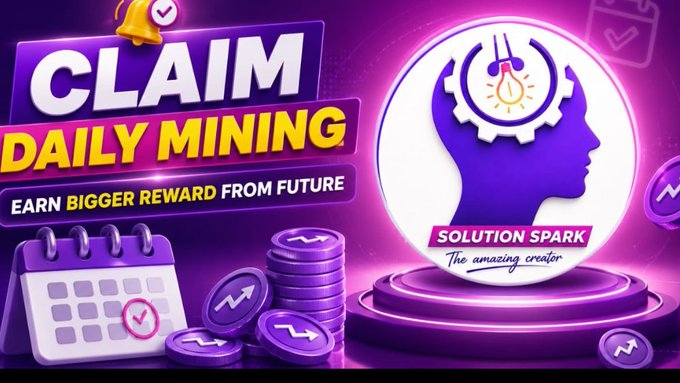 A promotional graphic with text "CLAIM DAILY MINING - EARN BIGGER REWARD FROM FUTURE" featuring a logo for "SOLUTION SPARK - The amazing creator" alongside a calendar, coins, and bell icons on a purple background.