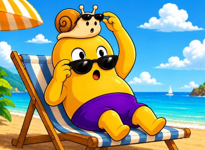 The image features a cartoon character wearing sunglasses, sitting on a beach chair with an umbrella above them. There are also two boats visible in the background, one closer to the water's edge and another further away from the shoreline. The text "You're too early for that. definitely secure your place here." suggests that there might be some additional information or instructions related to the image.