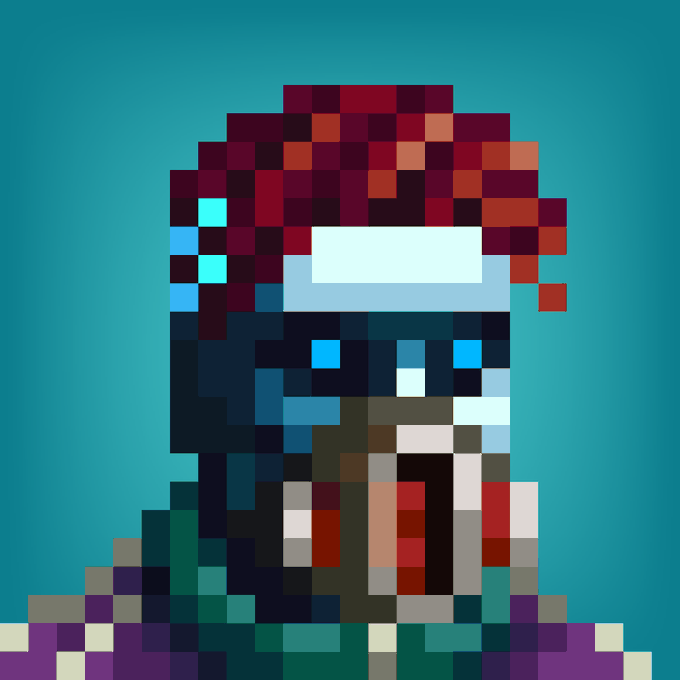 A pixel art portrait of a person with dark red hair, a blue glowing visor, and a gas mask, wearing a dark outfit against a solid teal background.
