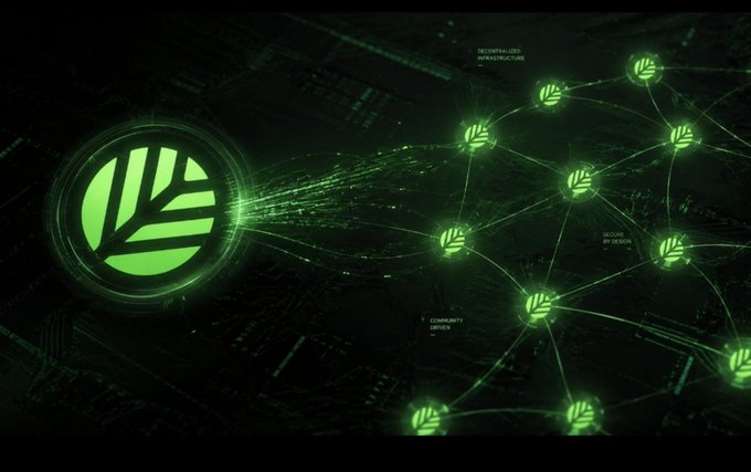 A dark, futuristic graphic shows a glowing green circular logo with lines inside, connected by web-like lines to multiple smaller identical icons, with faint text like 'COMMUNITY DRIVEN' and 'DECENTRALIZED INFRASTRUCTURE'.