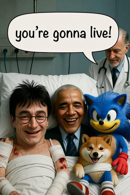 A meme image showing a heavily bandaged Harry Potter in a hospital bed with Barack Obama, Sonic the Hedgehog, and a Shiba Inu dog saying 'you're gonna live!'.