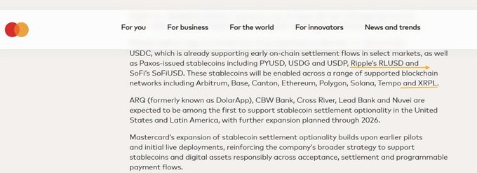 The image shows a screenshot of the website of Mastercard, which displays its global settlement network integration expansion plans for Ripple. The post also mentions that Mastercard has recently added Ripple to its global settlement network. This indicates a significant development in the world of cryptocurrency and online payment systems.