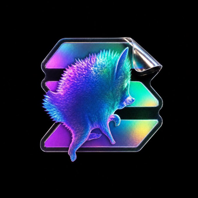 A stylized 3D graphic of a blue and purple spiky creature (resembling a hedgehog) walking on a chrome hexagonal logo with iridescent rainbow reflections.