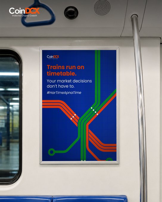 An advertisement inside a train car displays a CoinDCX poster with the headline "Trains run on timetable. Your market decisions don't have to." alongside the hashtags #HartimeApnaTime, complementing the Independence Day message about taking control of one's time.
