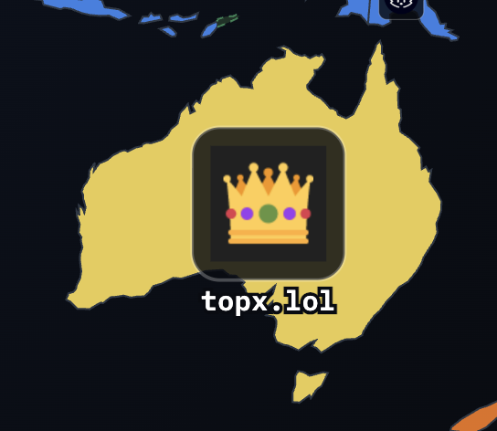 A map of Australia with a 'topx.lol' icon featuring a gold crown in the center.
