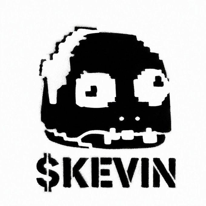 A black and white pixel-art style skull logo with the text '$KEVIN' below it.