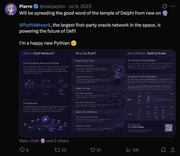 The image is a tweet from Pierre (@realopitio) dated July 6, 2023, announcing his role at @PythNetwork, described as "the largest first-party oracle network in the space," with an attached infographic explaining what Pyth Network is, why to use it, and its built-in features for DeFi. The image complements the post celebrating his 3rd anniversary at Pyth Network by showcasing the core value proposition and capabilities of the oracle network he has helped build and expand across multiple blockchains.