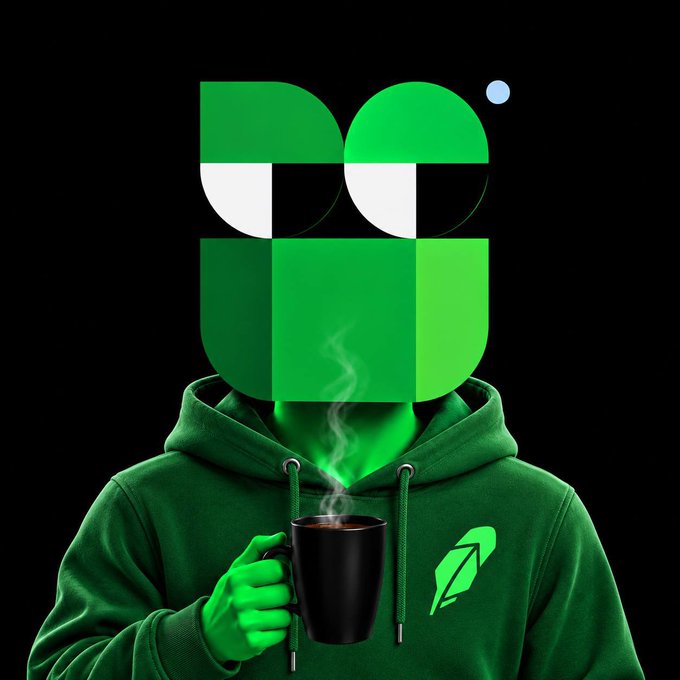 A digital illustration shows a figure in a green hoodie holding a steaming black mug, with their face replaced by a green and white geometric logo.