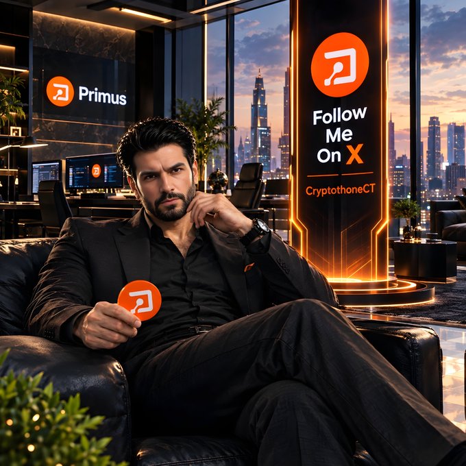 A promotional image featuring a man in a black shirt holding a coin, sitting in a luxurious office with a city skyline view. Text includes 'Primus', 'Follow Me On X', and 'CryptohoneCT'.