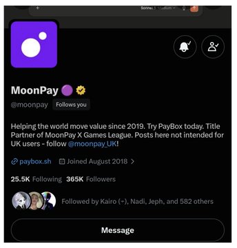 A Twitter/X profile page for MoonPay (@moonpay) with 365K Followers, describing it as 'Helping the world move value since 2019. Try PayBox today. Title Partner of MoonPay X Games League.'