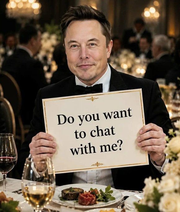 An image resembling Elon Musk in a tuxedo holding a sign at a formal dinner that reads 'Do you want to chat with me?'.