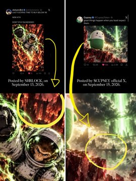 Two social media screenshots from September 13/15, 2026 are compared side by side, showing accusations that artwork posted by SCUPPSY on September 15 was traced from artwork posted by NIBLROCK earlier, with yellow circles highlighting similarities in a fire scene and rocket launch imagery.