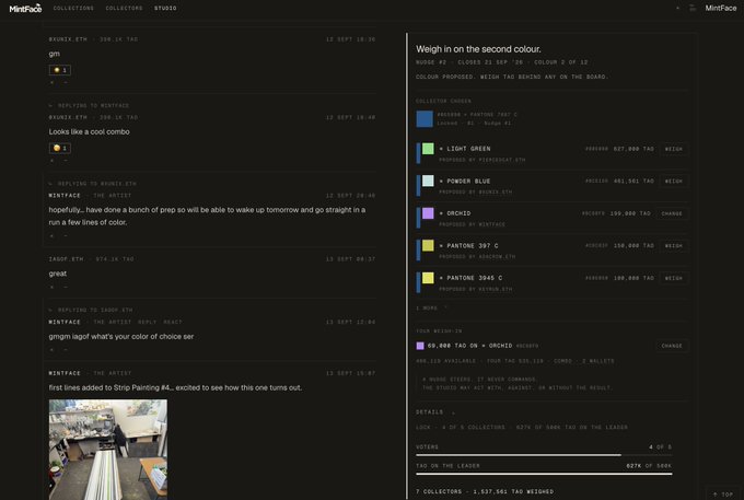 A screenshot of the MintFace NFT platform showing collection analytics with details on 'Light Green', 'Power Blue', 'Orchid', and 'PANTONE 397 C' colors, alongside chat messages.