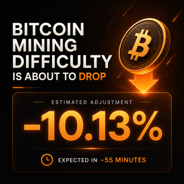 The image features a Bitcoin mining difficulty advertisement with a graphic representation of a coin mining process, accompanied by a quote from a Bitcoin expert stating that "Bitcoin mining difficulty is about to drop". The visual depiction of the difficulty adjustment and the time remaining estimate are key elements in this informative piece.
