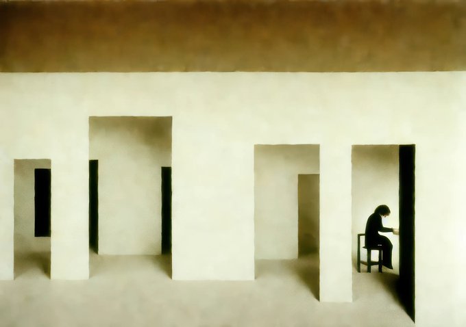 A solitary figure in dark clothing sits hunched over in a wood-paneled room, framed by a series of white doorways that recede into shadow, creating a minimalist, melancholic atmosphere.