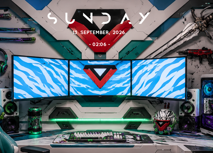 A futuristic gaming setup featuring three monitors with blue and white wave patterns, displaying 'SUNDAY 13 SEPTEMBER, 2026 - 02:06 -' at the top.