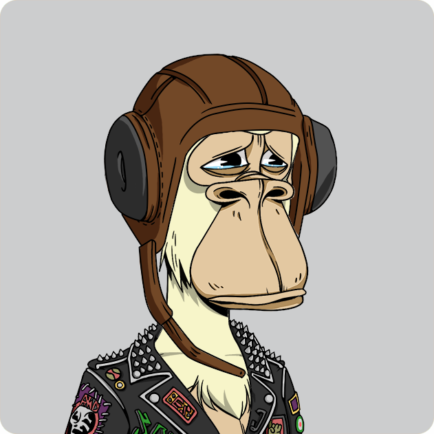 A sad-looking cartoon ape wearing a brown aviator helmet and a studded leather jacket adorned with patches, including a "BAYC" logo, reflects the melancholy tone of a Bored Ape Yacht Club member. The image aligns with the post's "Always BAYC" sentiment, personifying the weary persistence of daily engagement in the OthersideMeta community.