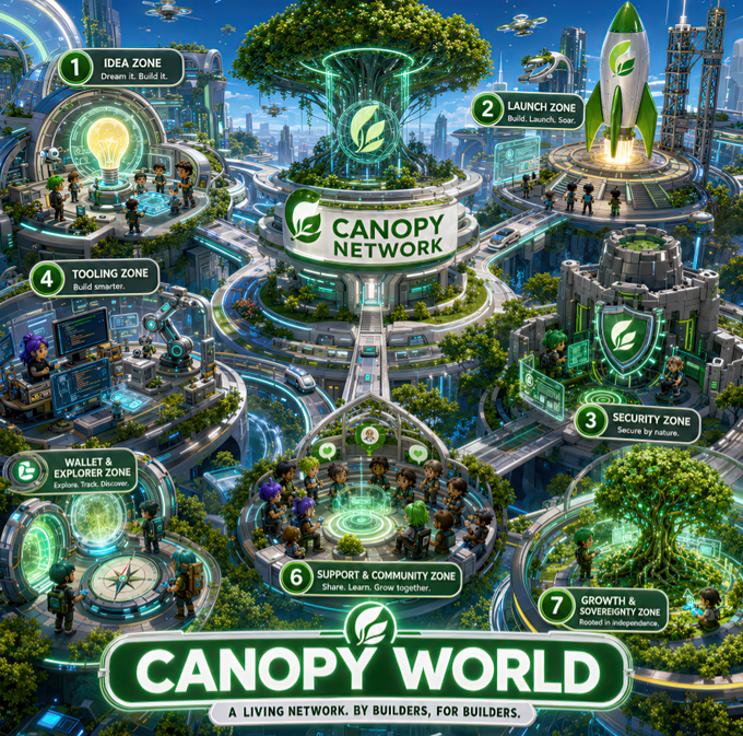 A vibrant futuristic infographic showcases the "Canopy Network" ecosystem, featuring a central tree emblem surrounded by seven numbered zones: (1) Idea Zone "Dream it, Build it," (2) Launch Zone "Build, Launch, Soar," (3) Security Zone "Secure by nature," (4) Tooling Zone "Build smarter," (5) Wallet & Explorer Zone "Explore, Track, Discover," (6) Support & Community Zone "Share, Learn, Grow together," and (7) Growth & Sovereignty Zone "Rooted in independence," all titled "CANOPY WORLD - A Living Network. By Builders, For Builders."

The image visually illustrates the post's description of a Web3 builder's journey through Canopy Network (@CNPYNetwork), mapping out each developmental stage from initial ideation to full sovereignty in a colorful, interconnected cityscape of innovation hubs.