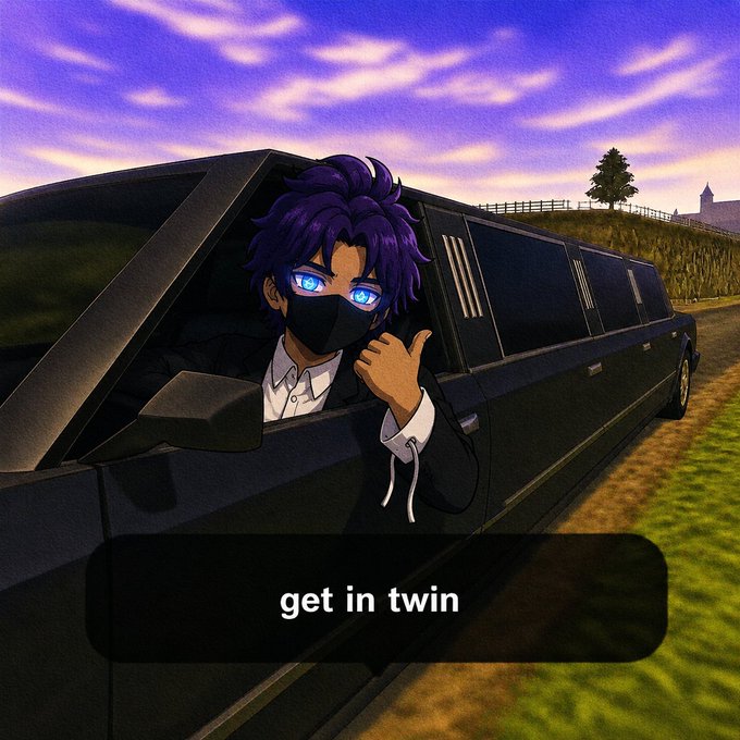 An anime-style image of a character with purple hair, blue eyes, and a black mask leaning out of a black limousine window with the text 'get in twin'.