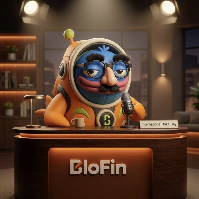 A cartoon blue mascot wearing an orange spacesuit and glasses sits at a "BloFin" desk with a microphone, in honor of "International Joke Day" as part of BloFin's giveaway asking users to submit jokes for 200 USDT in rewards.