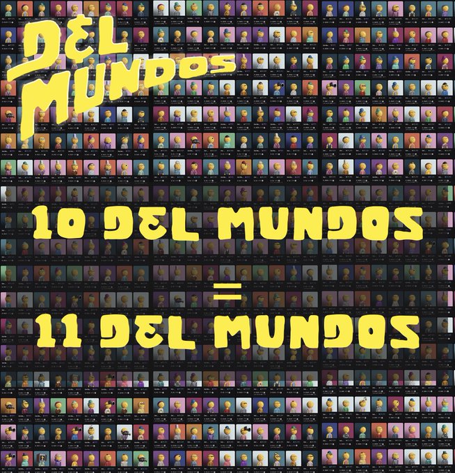 The image features a background collage of various character profiles with bold yellow text reading "Del Mundos," "10 Del Mundos = 11 Del Mundos," promoting a sweepstakes offer where collecting 10 entries yields an extra one, directly referencing the post's announcement about remaining sweeps and qualifying rewards.