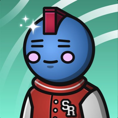 In the image, a small robot-like figure with blue eyes and red hair has a white star above its head. The character is wearing a red jacket that says "S R" on it. The caption provides information about this newbie's actions or attributes, such as grabbing other people's PFPs and being ready to go at all times. This playful robot can be seen as a fan of space rides and has a lighthearted demeanor with its white star head.
