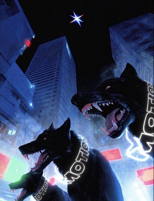 Three snarling black wolves with glowing "MOTION" collars stalk through a neon-lit cityscape beneath a starry sky, visually embodying the post's message that $MOTION is a momentum-driven token fueling the social trading narrative.