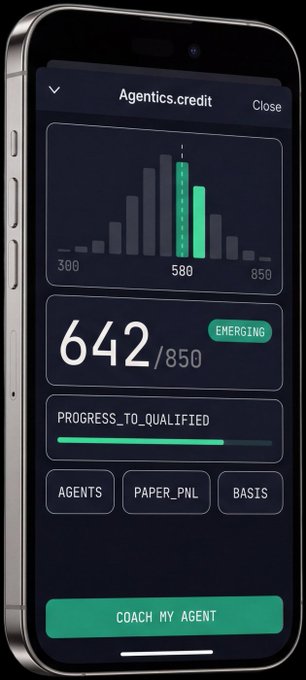 A smartphone screen displaying an "Agentics.credit" app interface showing a credit score of 642/850 marked as "EMERGING" with options to Coach My Agent.
