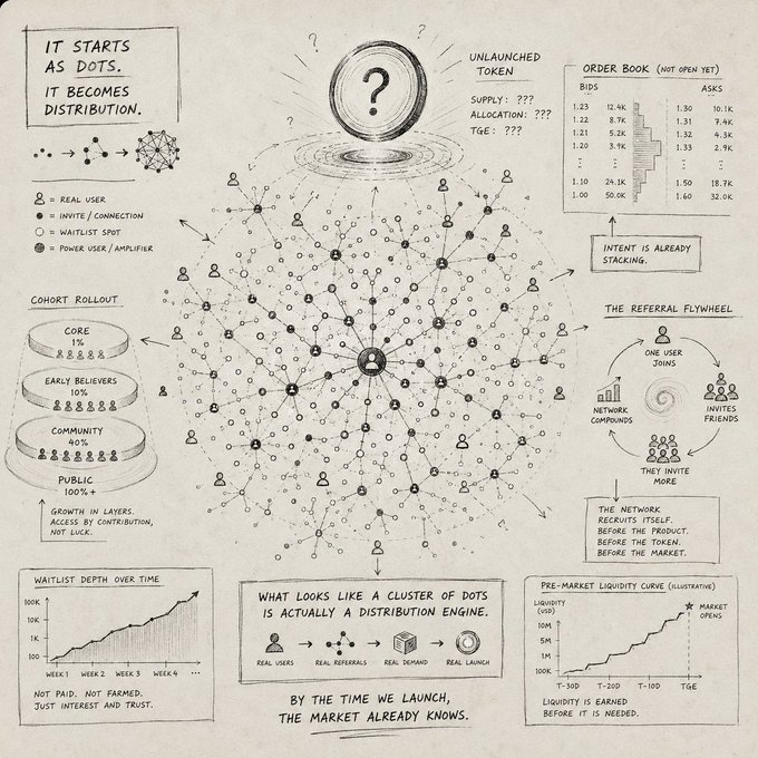 A hand-drawn style infographic explaining a token distribution strategy, with key text including 'IT STARTS AS DOTS, IT BECOMES DISTRIBUTION', 'COHORT ROLLOUT', 'THE REFERRAL FLYWHEEL', and 'WHAT LOOKS LIKE A CLUSTER OF DOTS IS ACTUALLY A DISTRIBUTION ENGINE'.