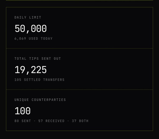 A dark-themed statistics panel displaying a 'Daily Limit' of 50,000 (6,069 used today), 'Total Tips Sent Out' of 19,225 (105 settled transfers), and 100 'Unique Counterparties'.
