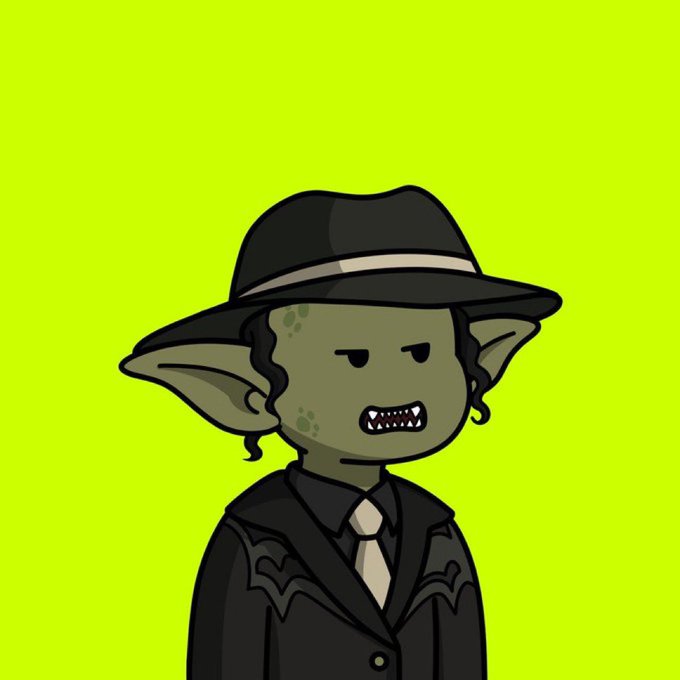 A cartoon illustration shows a green-skinned goblin-like creature wearing a black fedora and dark suit with a tie, baring its sharp teeth against a bright green background—fitting the post's giveaway announcement for StillFacesNFT.